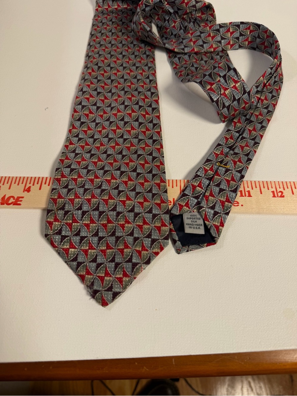 Aquascutum Vintage Men's Geometric Pattern Silk Tie in Red and Gray
